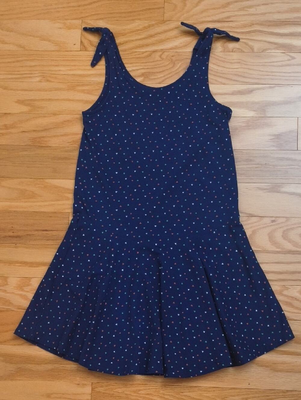 Tea Collection Navy Tie-Shoulder Dress with Multicolor Heart Dots Size 12 EUC